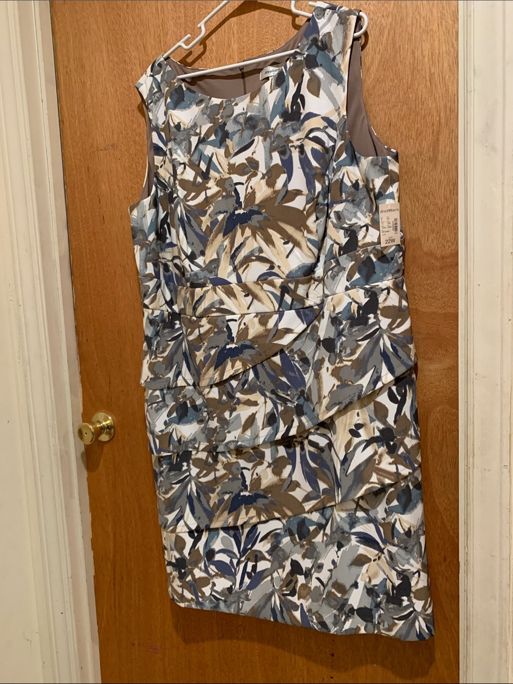 dressbarn Sleeveless Leaf-Print Shift Dress in Blue, Tan, White